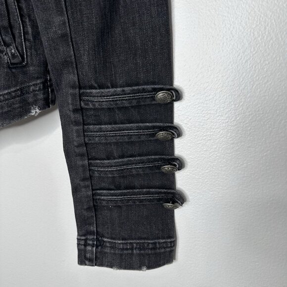 FREE PEOPLE Black Denim Jacket XS Military Distressed Fitted Boho - Picture 7 of 15